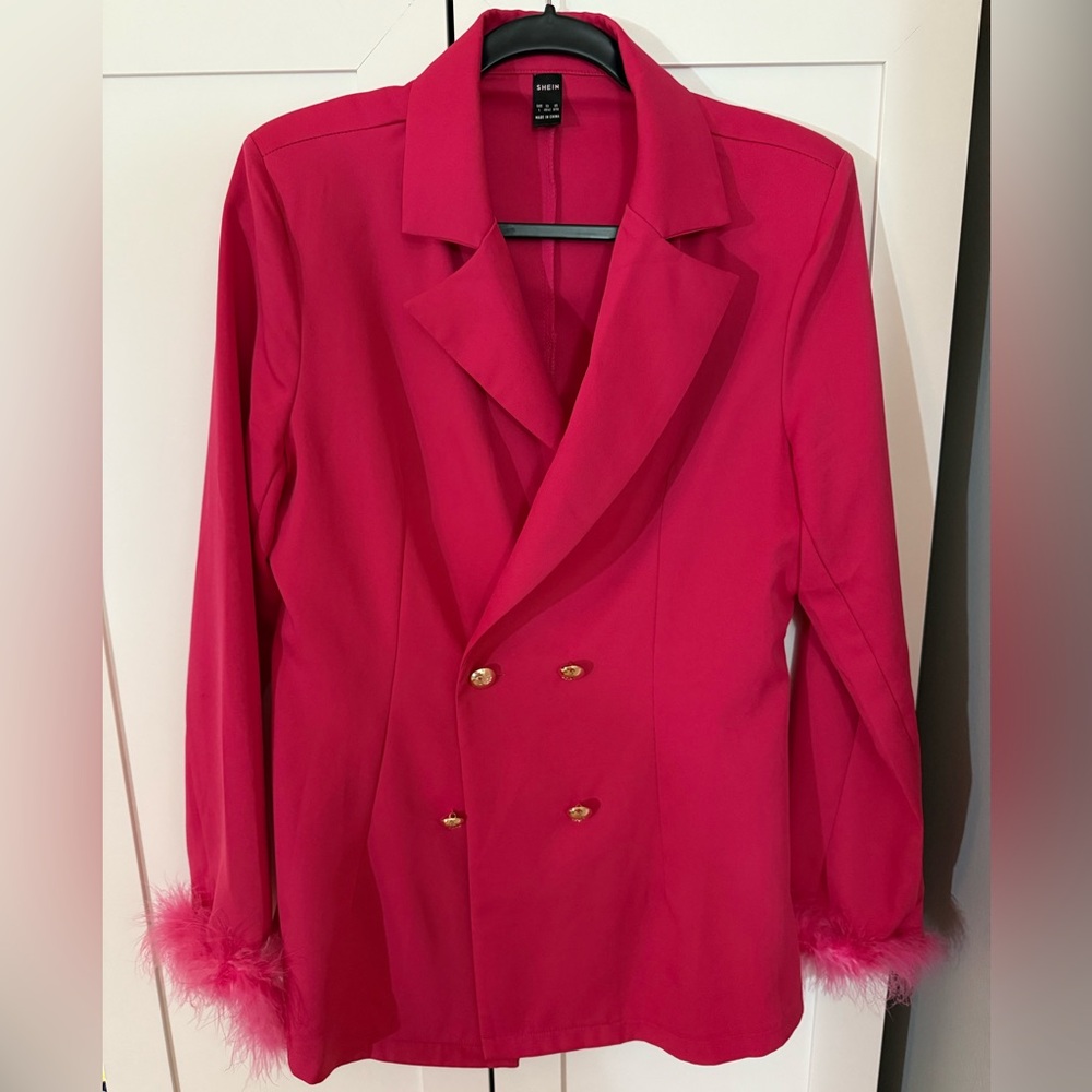 SHEIN Vibrant Pink Double-Breasted Blazer with Feathered Cuffs